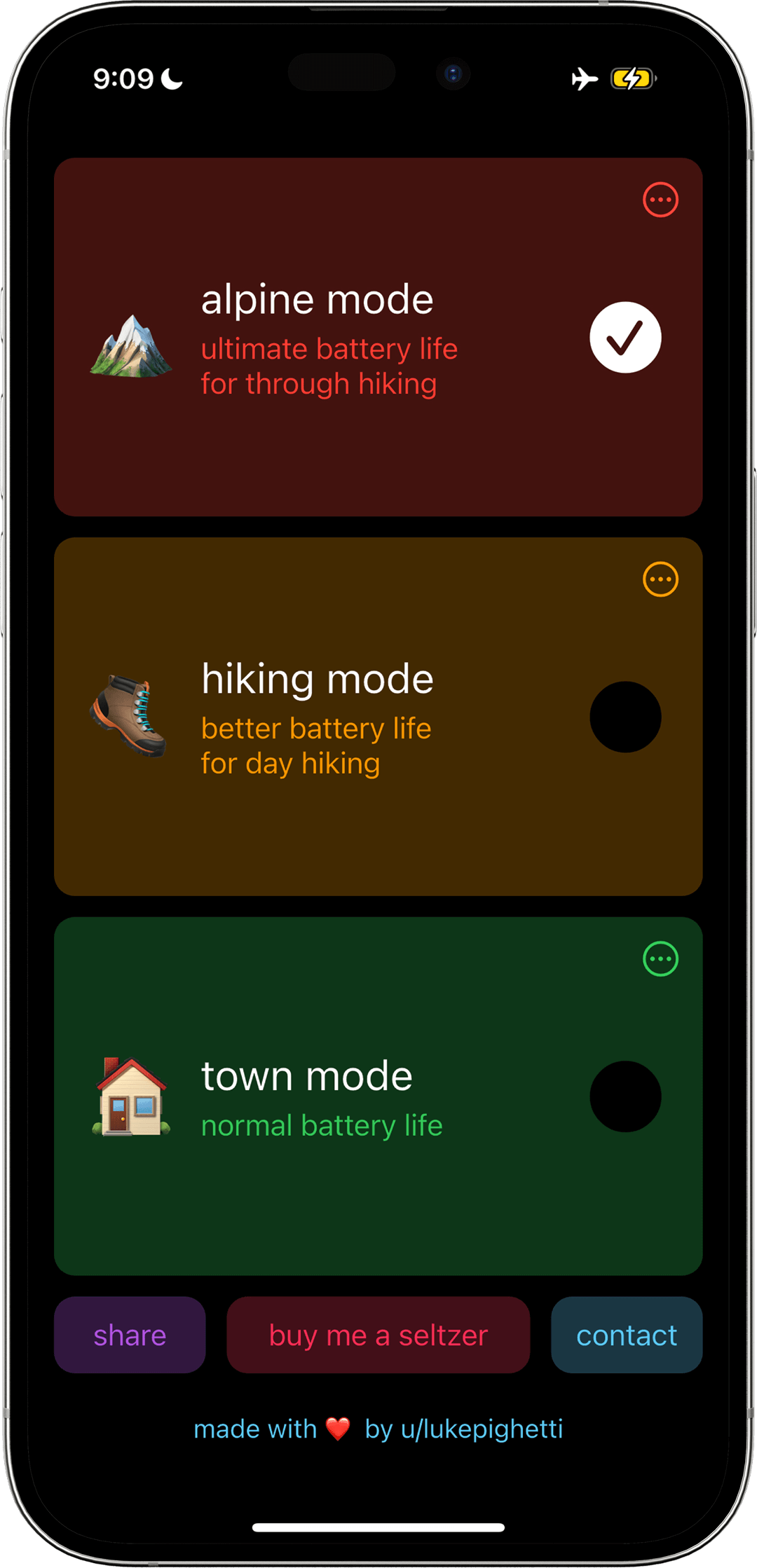 alpine mode app showing three options, alpine mode for 10x battery life, hiking mode for 3x battery life, and town mode to return phone back to normal